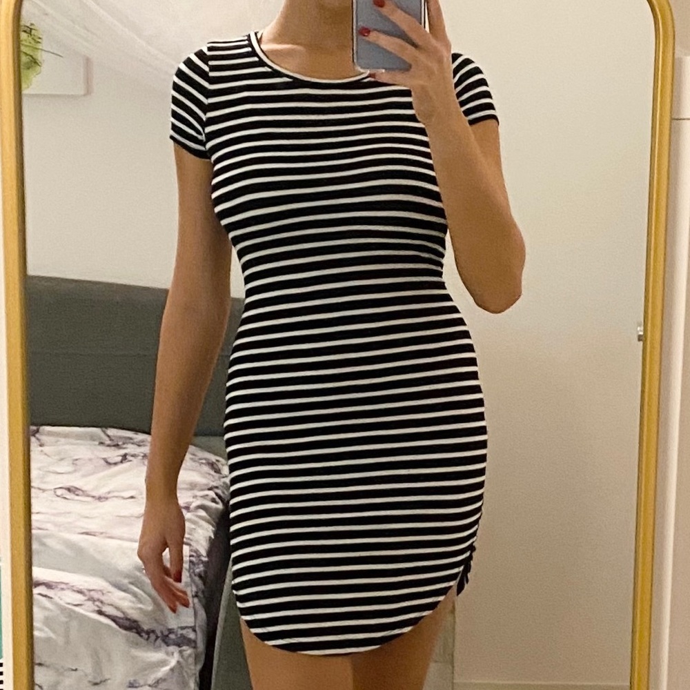 Striped Black and White Fitted Causal Dress